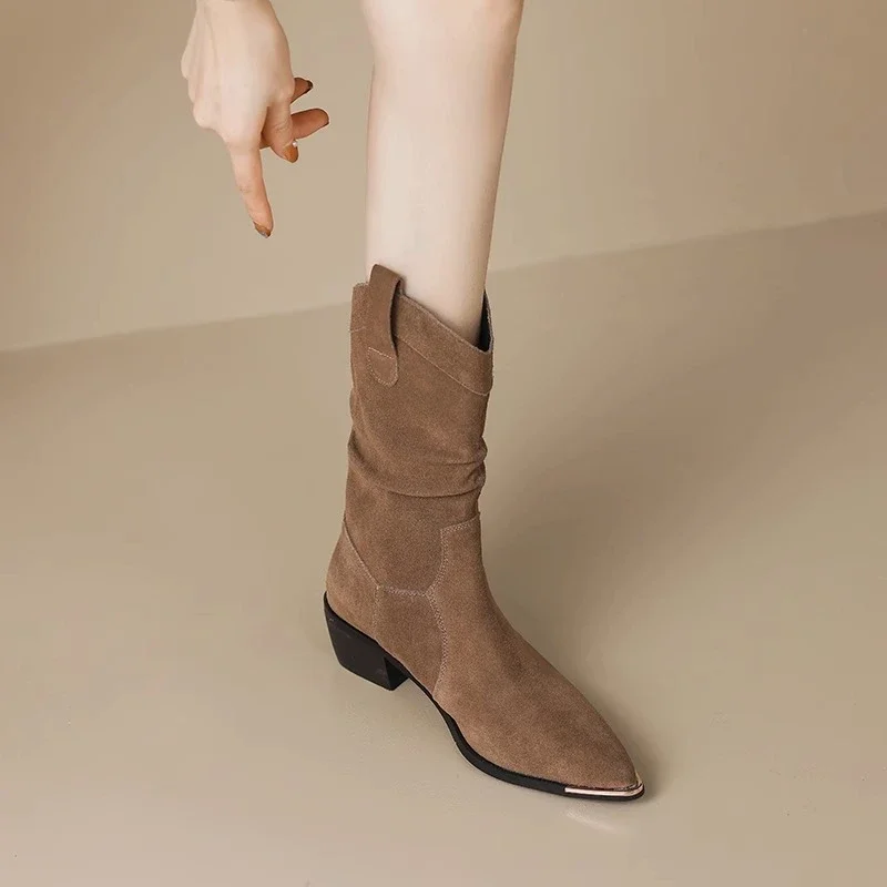 Cow Suede Mid-Calf Modern Boots for Women Retro Brown Knight Boot Thick Heel Slim Pointed Western Denim Autumn Winter Shoes