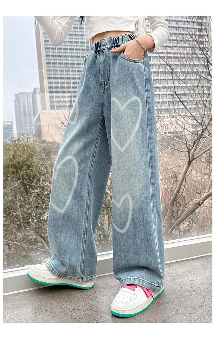 Hochwertige Jeans für große Mädchen mit Herzmuster, Neuheit 2024, Frühjahr/Herbst, modische weite Hosen, lockere Schulhosen für Kinder – Detail 5