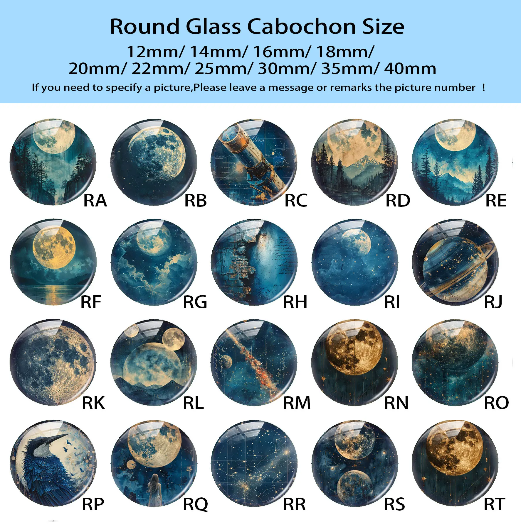 Random Mixed Round/Oval/Square Deep Blue Starry Night Sky Moon Photo Glass Cabochon Flatback Demo Cameo For Diy Jewelry Making - view 4