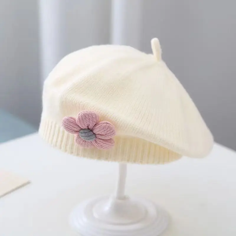 Solid Color Flower Baby Beret Hat Winter Warm Knitted Beanie Cap for Infant Girls Korean Toddler Princess Artist Painter Caps