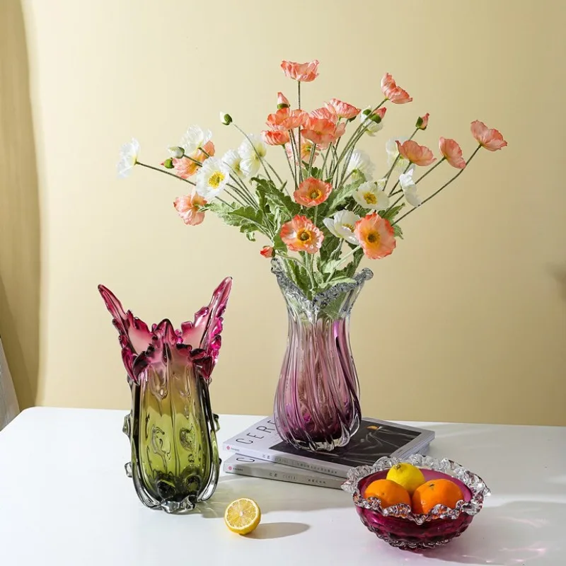 

European Internet celebrity pink glass vase fruit plate flower arrangement home living room set jewelry ornament