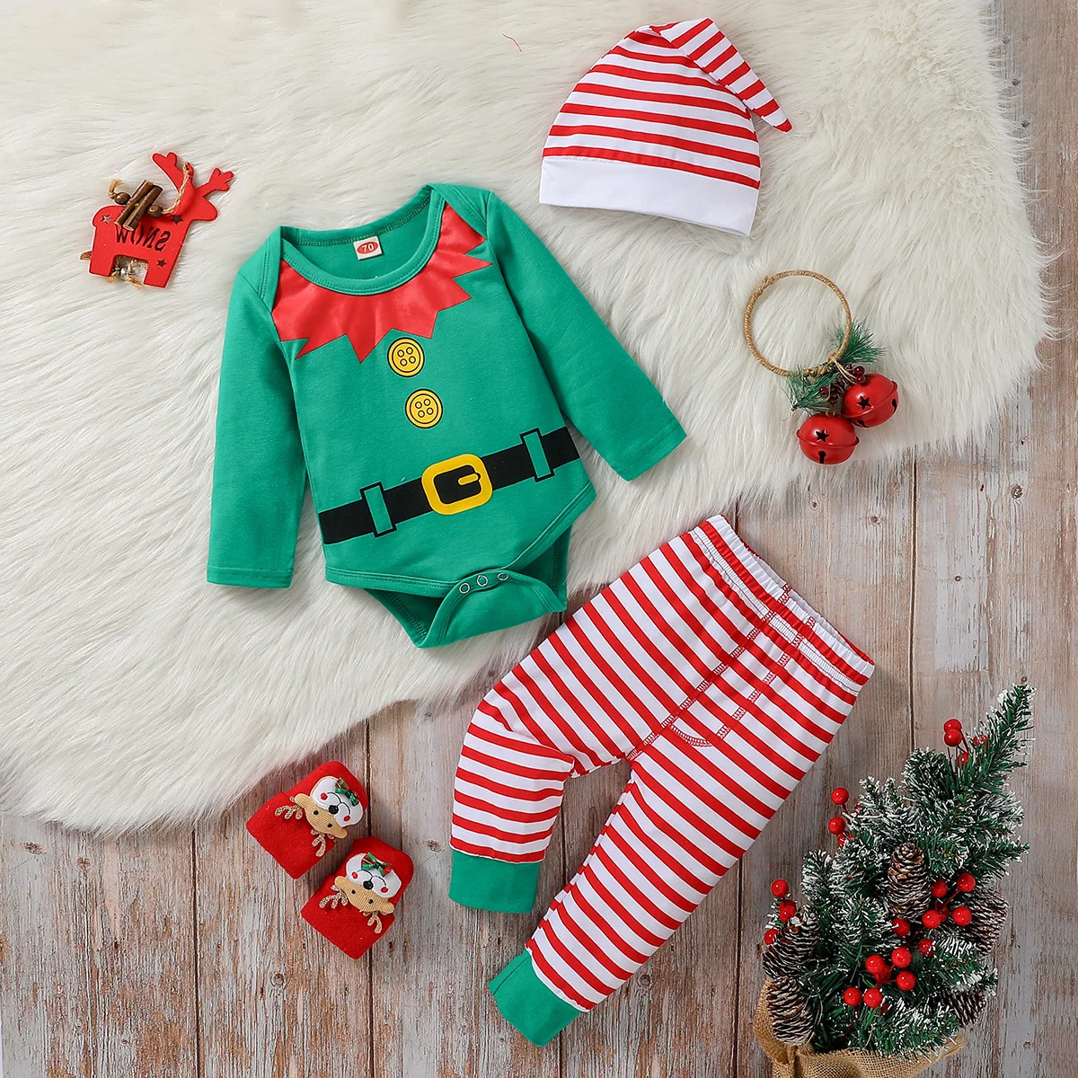 2024 Green Infant Newborn Baby unisex Christmas Long Sleeve Romper with Striped Pants and Hat Outfit  Clothes 0-18M