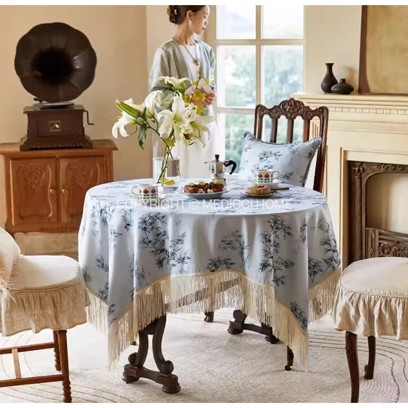 Medicci Home Oriental Breeze Bamboo Shadow Decorative Tablecloth French Style Round Table Cloth Tea Table Cover Chic Home Decor