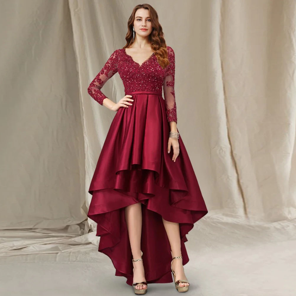 

2025 Burgundy High Low Prom Party Dresses V-Neck Long Sleeves Lace Appliques Satin Graduation Cocktail Gowns Robe De Soriee