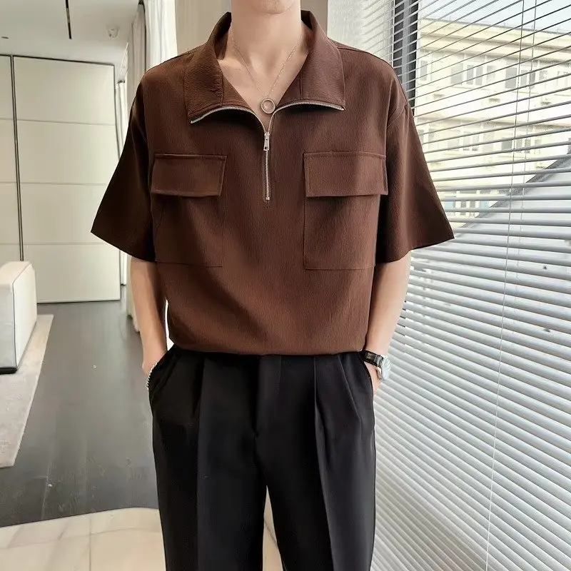 

Summer Ice Silk f Zipper Men's irt Drapey ort Sve High Collar Trendy Brand Loose Fit Youthful Sle Non-iron Treaent