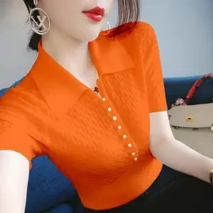 Women's Summer Knitted Short Sleeve T-Shirt Student Korean Slim Fit Large Size Backing Shirt POLO Neck Hollow Top