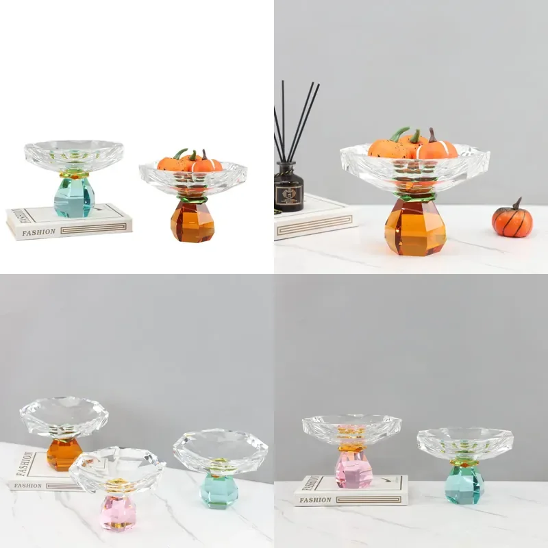 Modern Light Luxury Multi Color Faceted High Crystal Fruit Plate Ornament for Entrance Living Room Hotel Model Room Home