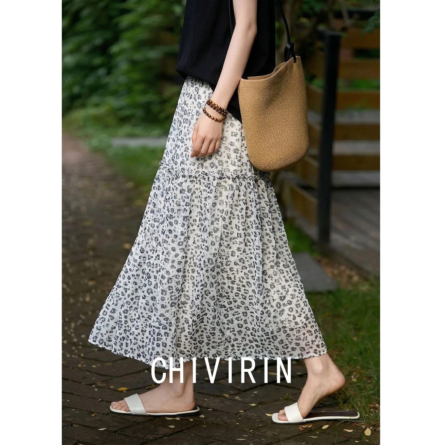 

Юбка миди Chivirin с высокой талией и принтом, женская летняя повседневная юбка А-силуэта свободного кроя для похудения, из шелковистой вискозной ткани