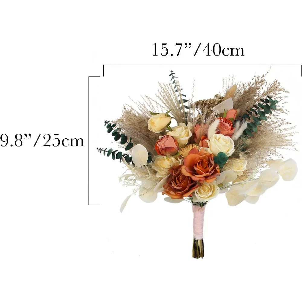 번트 오렌지 드라이 플라워와 팜파스 그래스로 장식된 와이드 폴 웨딩 부케, 보헤미안 및 테라코타 테마 신부들을 위한