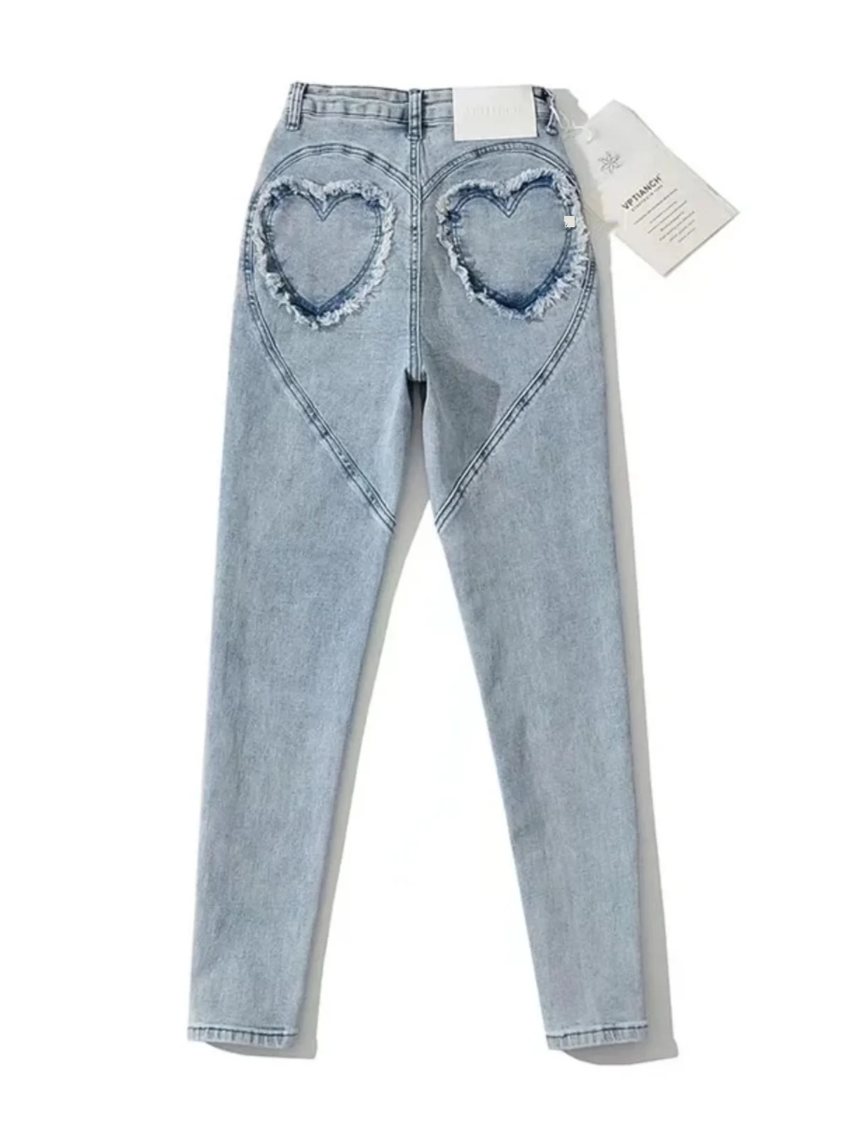 

Slimming High Waist Denim Capri Pants Women's Elastic Fitting Jeans Peach Design Heart aped Cuffed Long Trousers