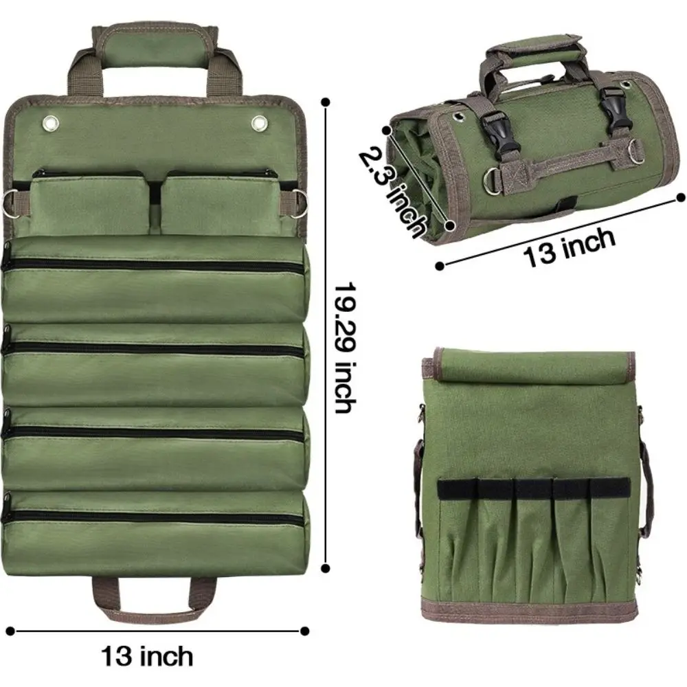 Multi Pocket Tool Storage Bag Large Capacity Rolled Tool Organizer Bag Zipper Pockets Hardware Tool Bag Mechanic