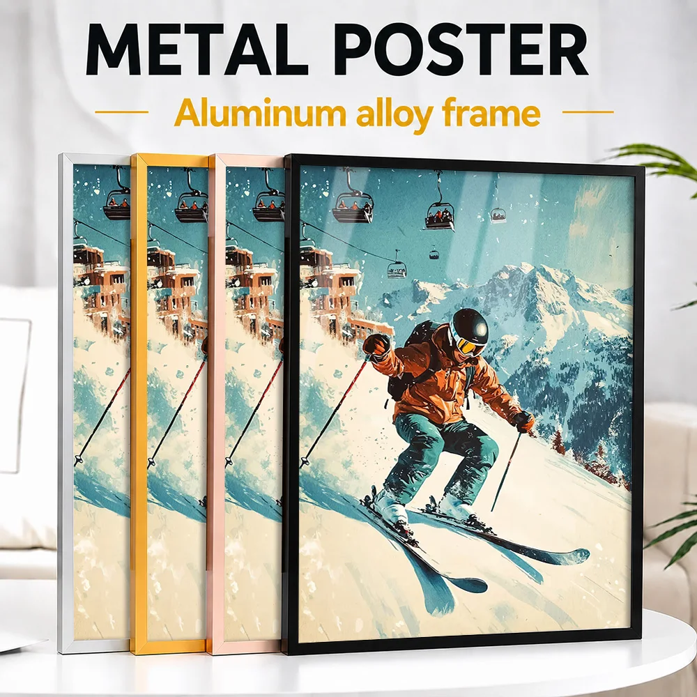 Skier Snowy Mountain Slope Metal Poster With Aluminum Alloy Frame Customized Vintage Style Wall Art For Ski Resort Reception