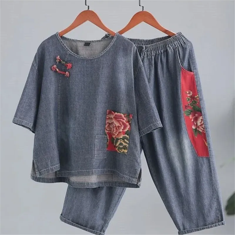 

Printed Denim Two-piece Round Neck Buckle Irregular Summer Female Short-sleeved Shirt Elastic Waist Seven-point Harem Pants Sets