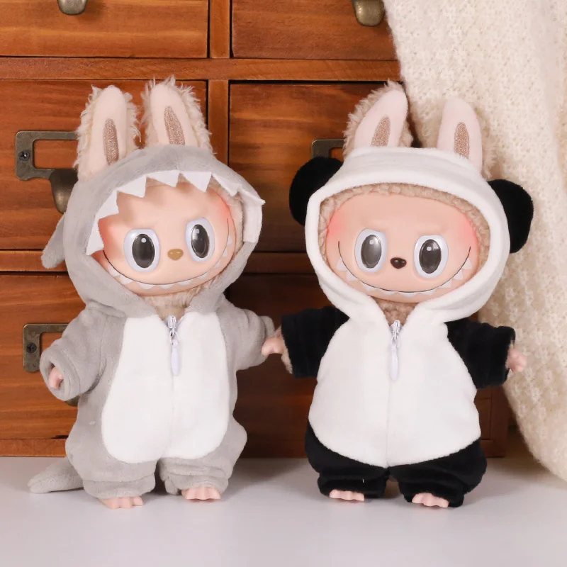 

2025 nouveau pour Labubu 17 cm assis mignon Panda requin dinosaure peluche combinaison ensemble poupée vêtements