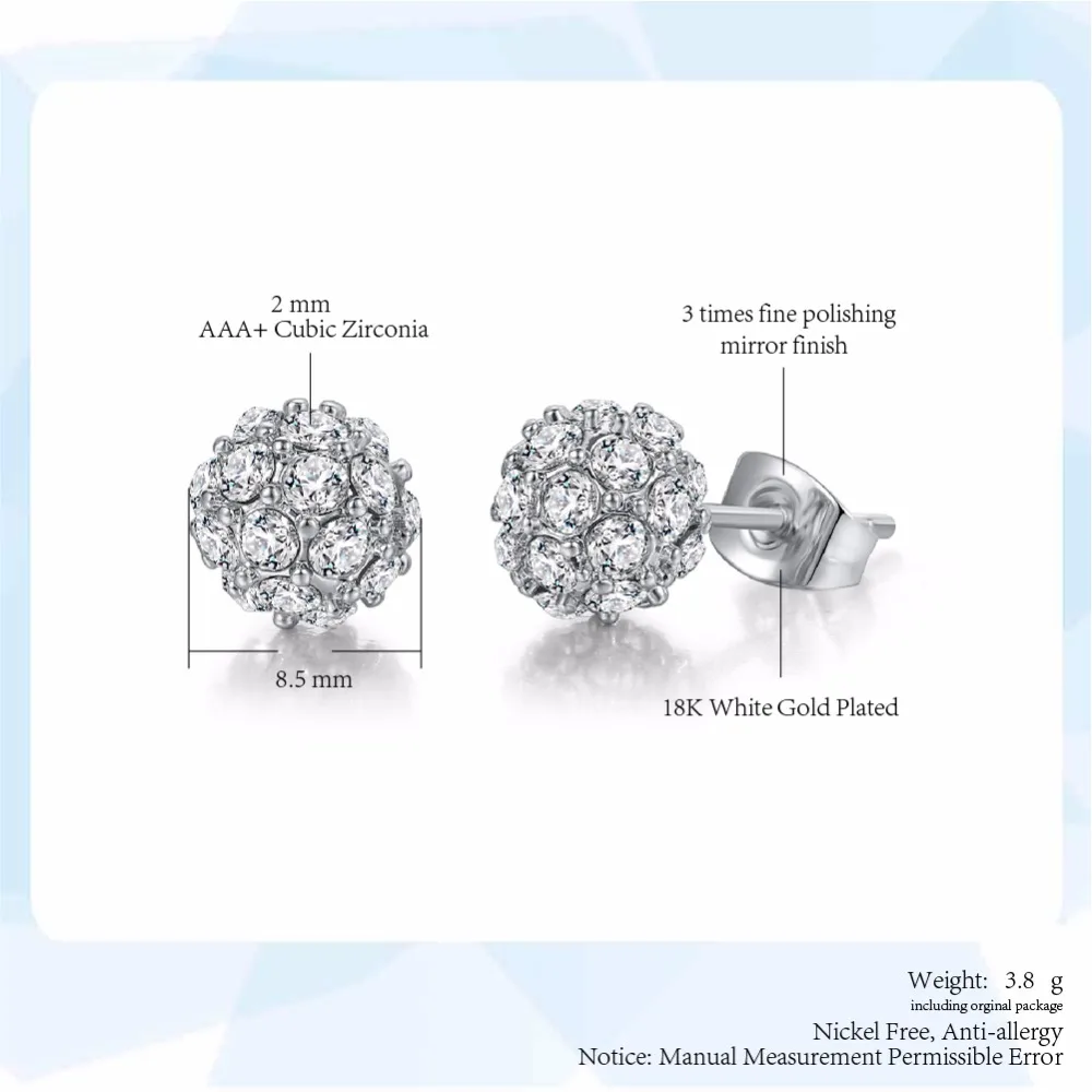 Geometric Crystal  Lucky Ball Stud Earrings for Women Rose Gold Color Earing Fashion Jewelry Party Xmas Gift E380