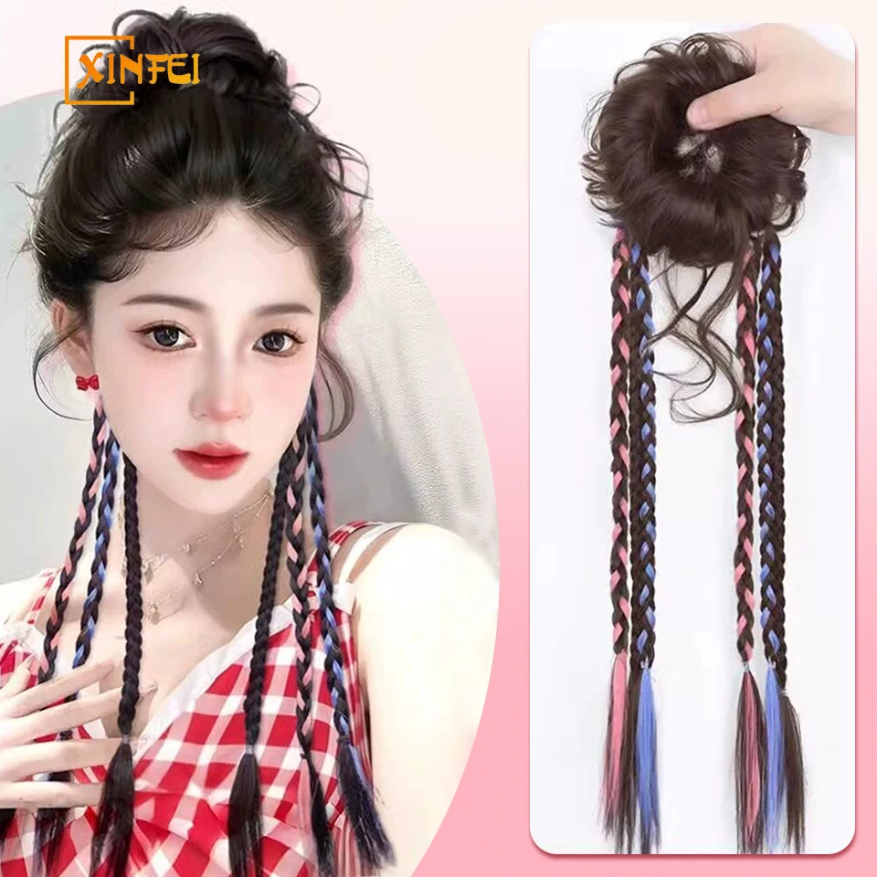 

XINFEI Synthetic wig women's double Fried Dough Twists braid grab bud head coiled hair wrapped with ribbon wig braid ponytail