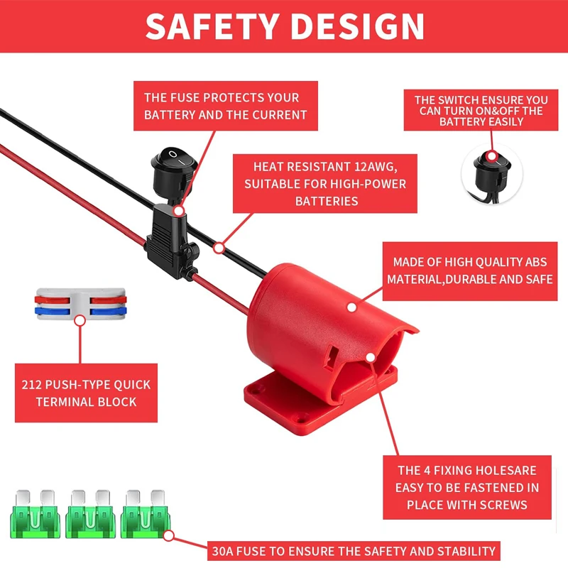 for Milwaukee 12V Li-ion Battery Power Wheels Adapter Battery Dock Power Connector with 12 Gauge Wire Fuse Switch for DIY RC Toy