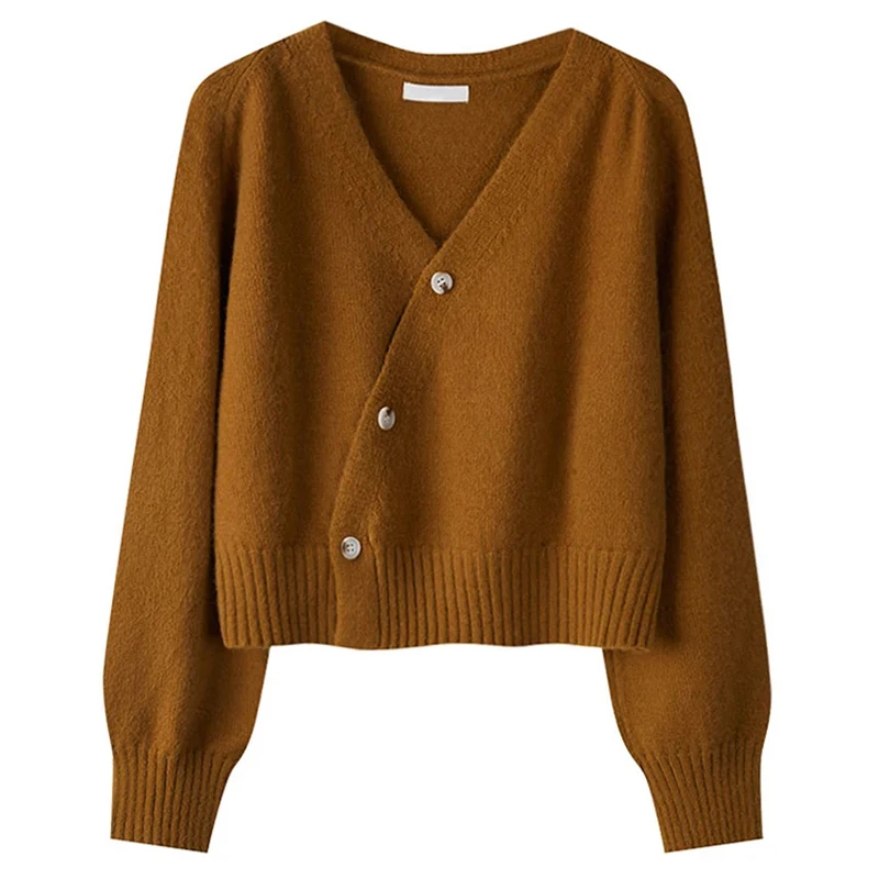 HELIAR Autumn Winter Skew Buttons Cardigan V-neck Sweater Women Knitted Long Sleeve Tops Korean Loose Solid Cashmere Sweater