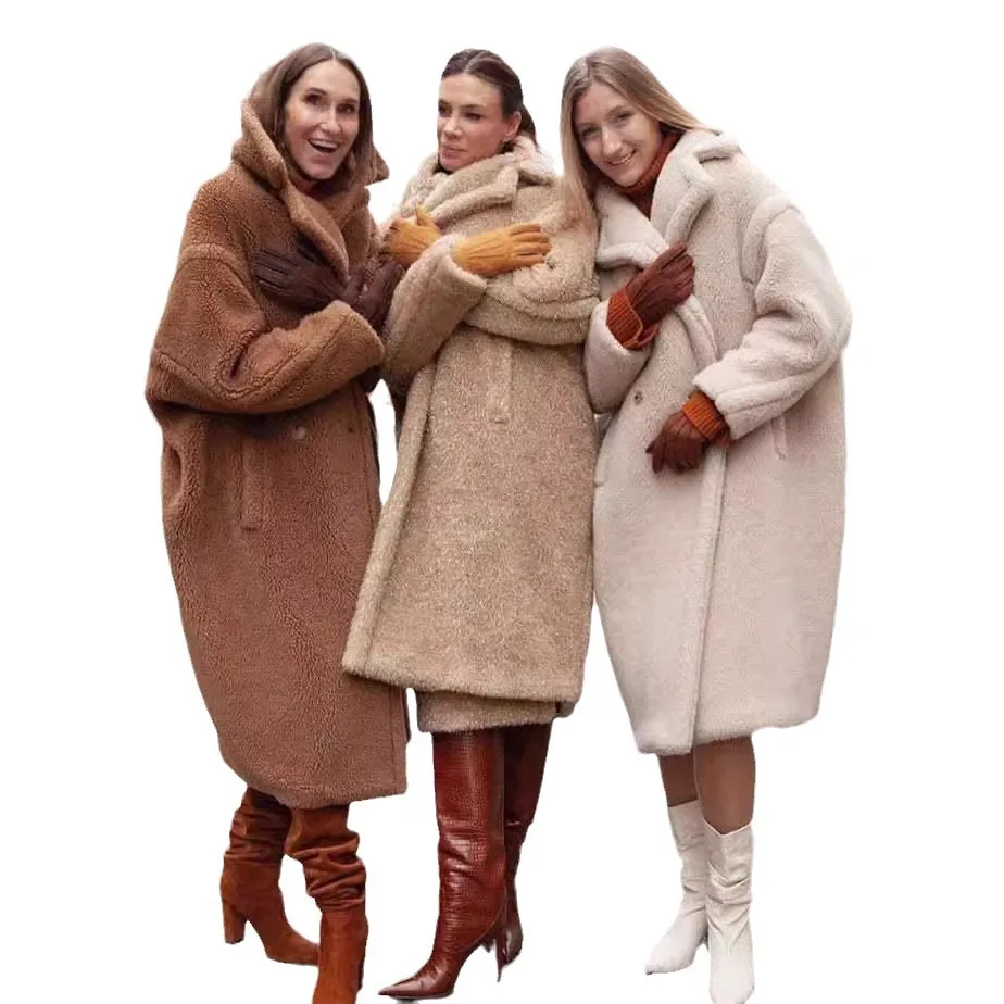 ملابس الشتاء بلون فضفاض فو الفراء معطف النساء الملابس فوق الركبة سترات من فرو الضأن سميكة الدافئة مزدوجة الوجه الفراء معاطف طويلة