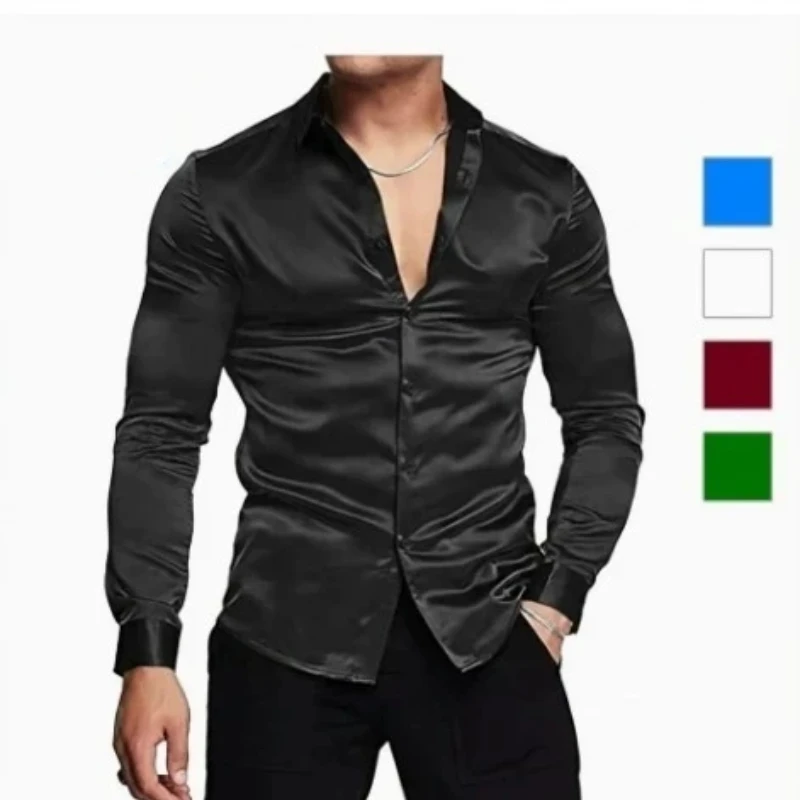 Men's Luxury Silky Shirts Long Sleeve Fashion Loose Casual Silk Like Men Dress Shirt Plus size Wedding Party Stage Clothes