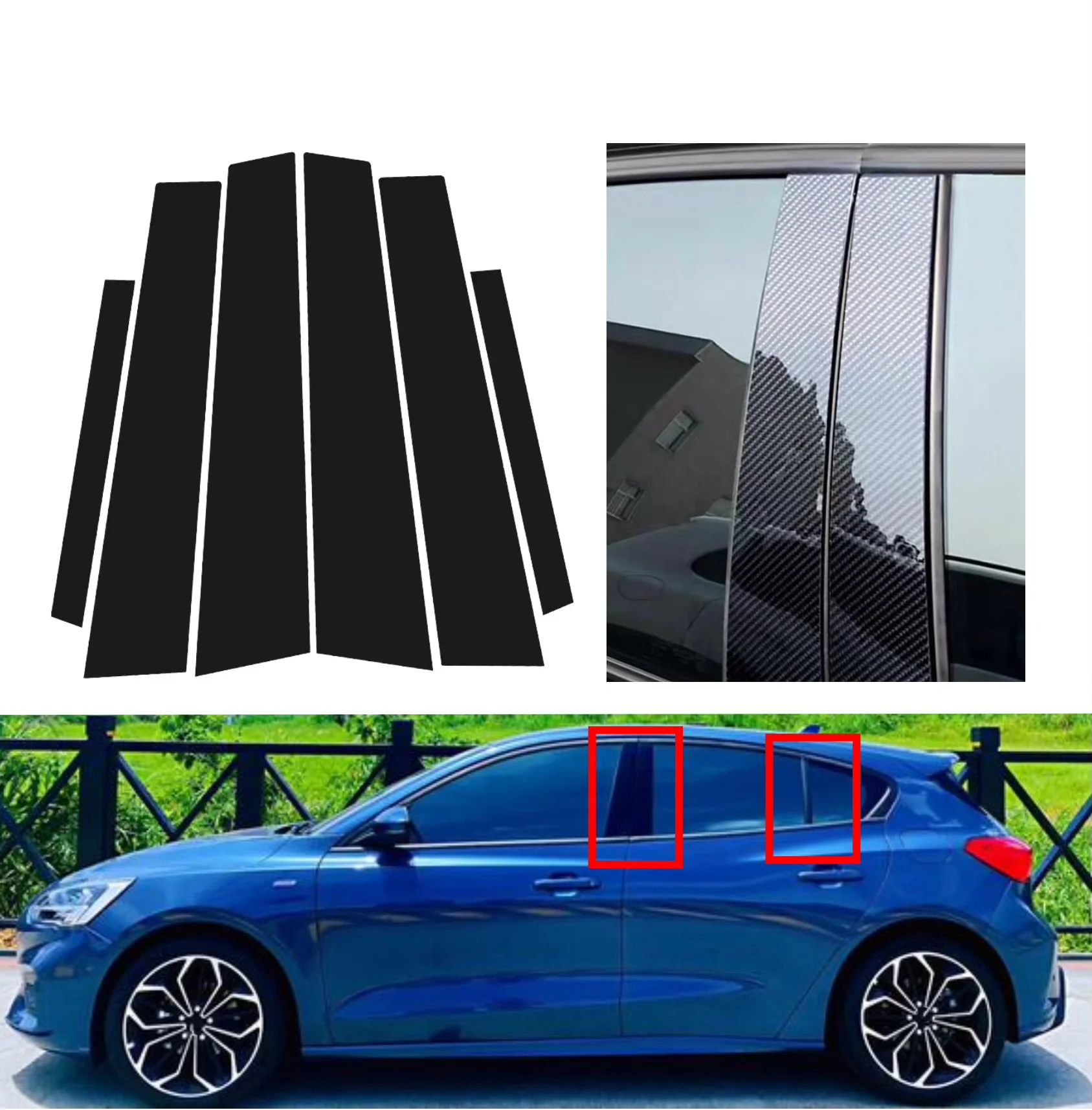 

Silvery Carbon Glossy Black Pillar Posts Fit For For Ford Focus 4 MK4 Active 2019-2023 2020 Window Door Column B C Sticker Cover