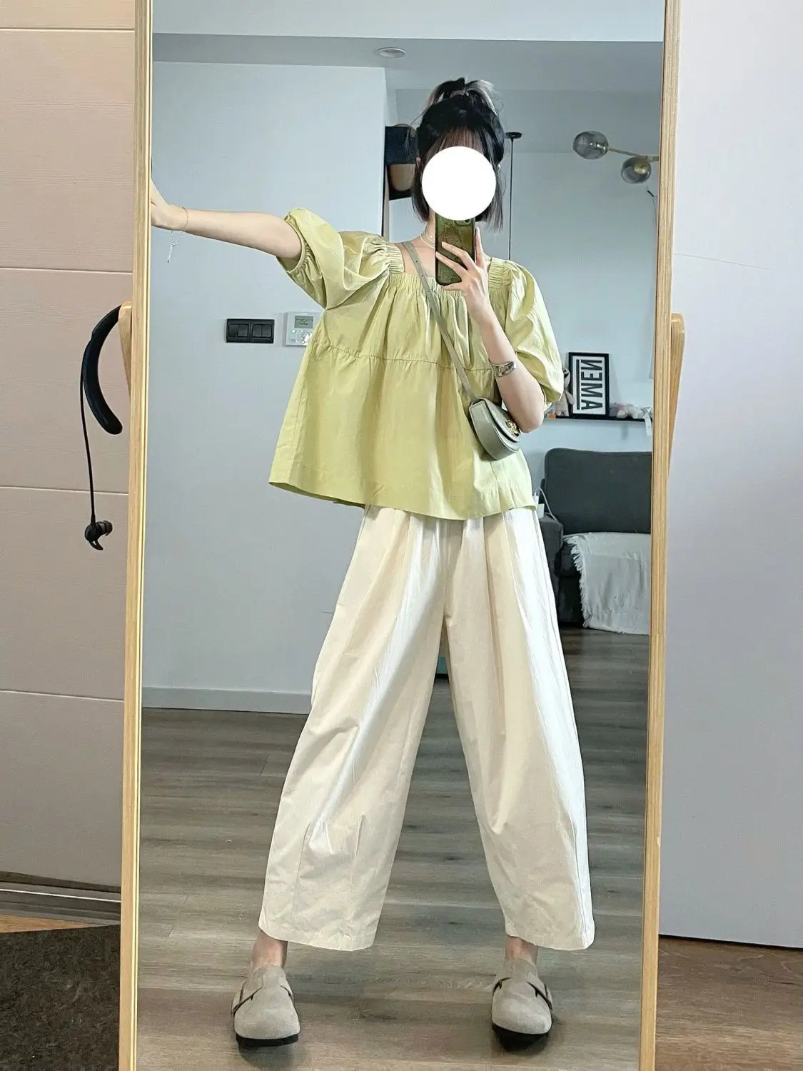

Sweet Suit for Women in Summer 2025 New Square Collar Puff Sleeve Shirt High Waist Slimming Wide-leg Casual Pants Two-piece Set