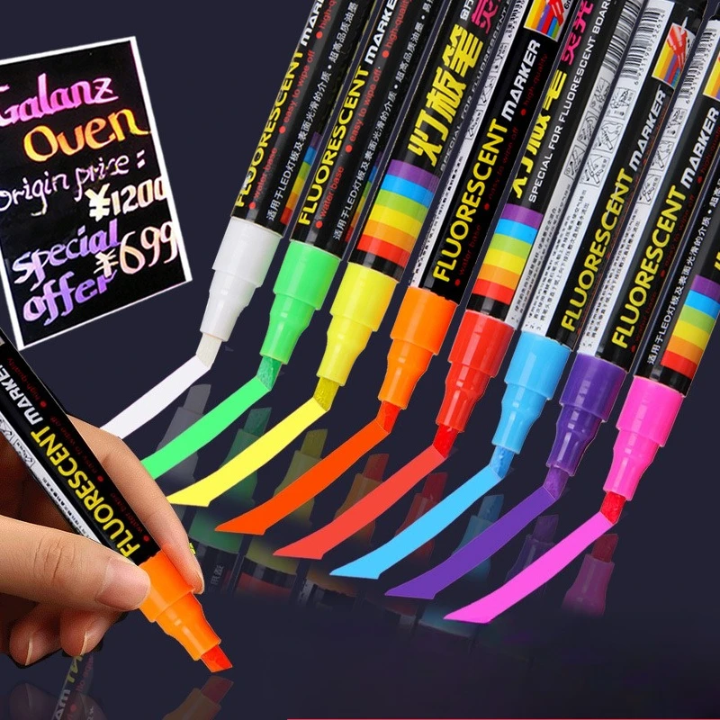 8 Color Fluorescent Neon Liquid Dry-erase Marker Pen Set 3/6/10mm Tip for LED Black Menu Board,acrylic, Window，Supplement Ink