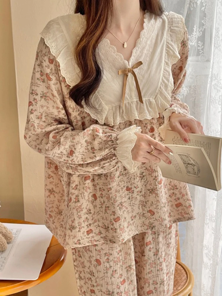 

Комплект из чистого хлопка Long Sve для женщин, кружевная домашняя одежда Sweet Princ, комплект из двух предметов, весна-осень