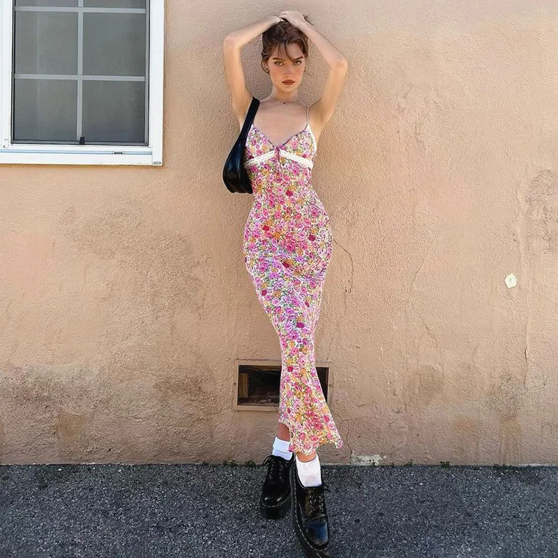 Abito lungo da donna con stampa floreale in pizzo Abito lungo aderente sexy con scollo a V e taglio basso Abito estivo Boho Chic Beach