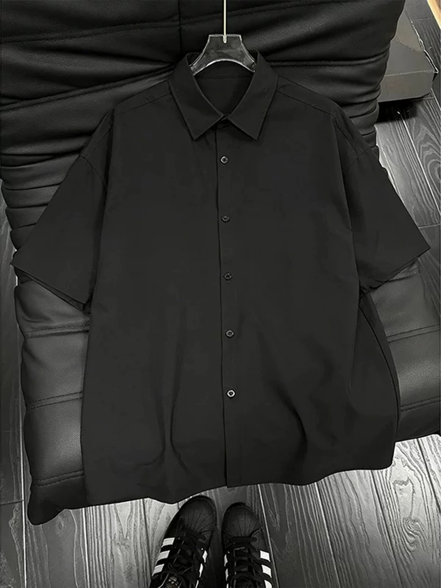 

Cleanfit Men's Black Ice Silk Short Sleeve Shirt Summer High-End Feeling Suit Shirt Seven-Five Sleeve Sunscreen Outerwear