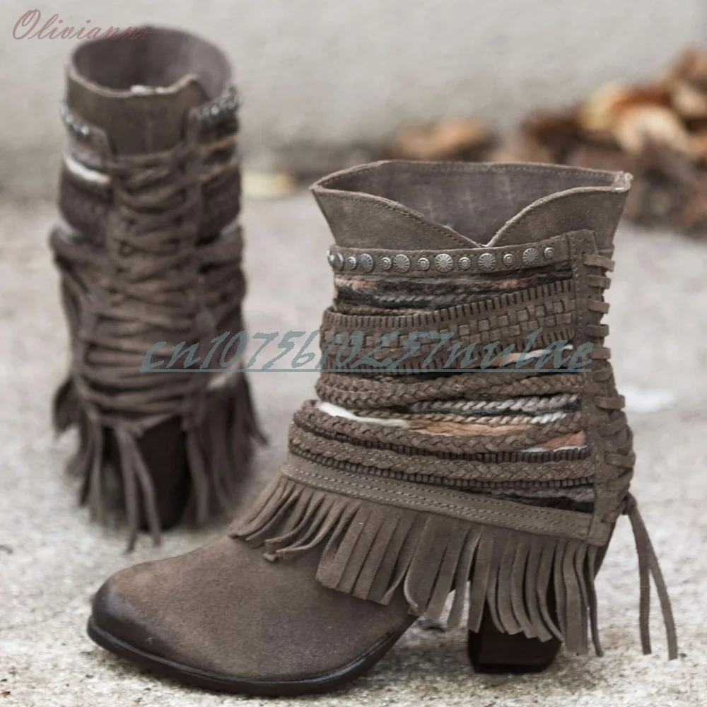 Graue Geflochtene Gürtelstiefel mit Quasten und Nieten, Klobiger Hoher Absatz, Retro-Stil, Runde Zehenkappe, Party-Damenschuhe, Zapatos Para Mujeres