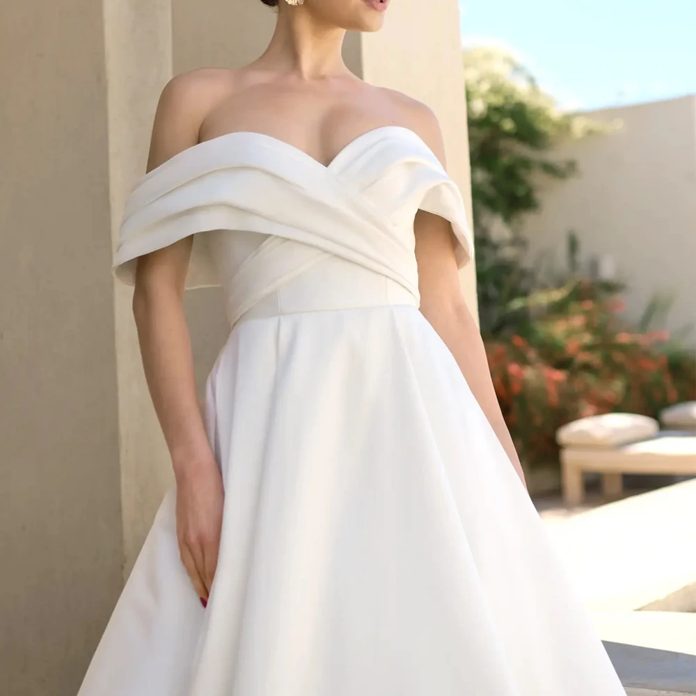 Свадебные платья с открытыми плечами и рукавами с V-образным вырезом, свадебные платья на молнии сзади, плиссированные платья по индивидуальному заказу, Vestidos De Novia