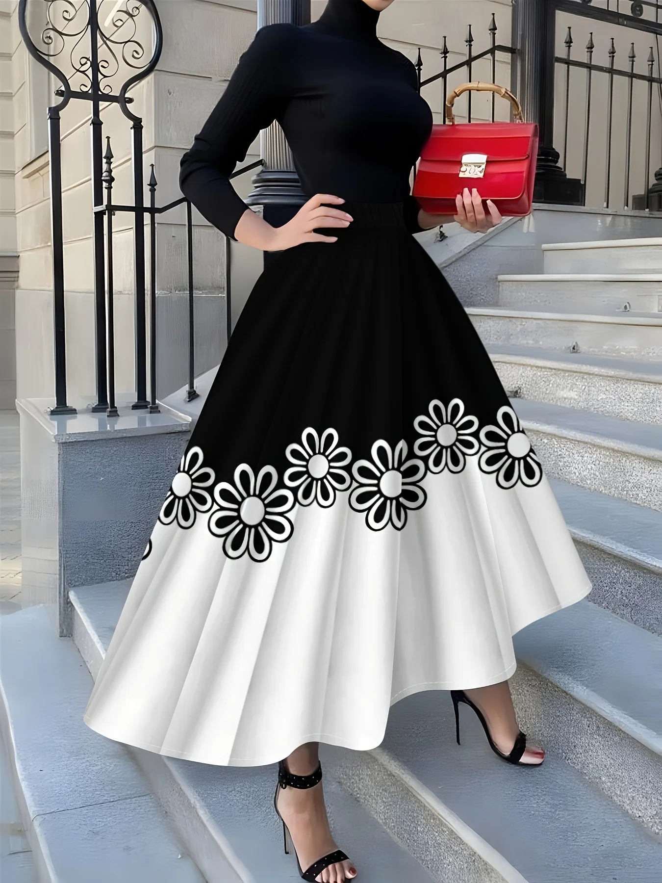 Printed Design Four Seasons Leisure Style Black and White half Skirt with Black Flower Half Skirt
