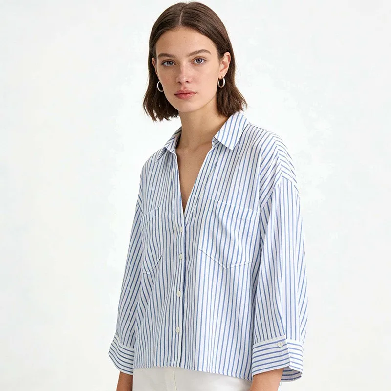 

Летняя женская рубашка-топ 2026: модная повседневная свободная рубашка в полоску на одной пуговице