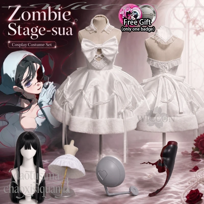 Jirai Kei Stage Cosplay Costume Sua Alien Stage Zombie Series White Cake Dress With Crinoline Headset 3D Mask Ideal For Anime