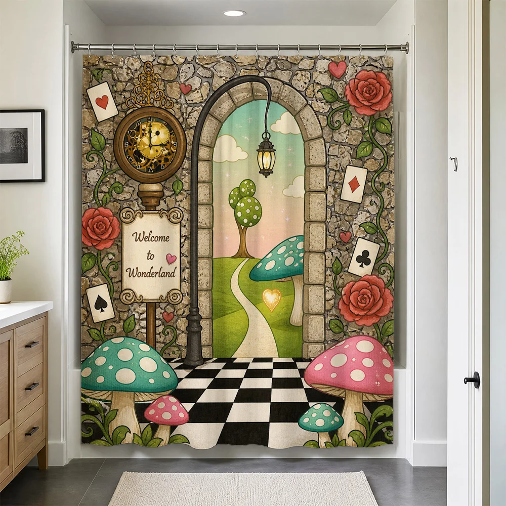 Whimsical Wonderland Shower Curtain Novelty Bathroom Decor Fairy Tale Mushroom Roses Playing Cards Pattern Cottagecore Shower Li