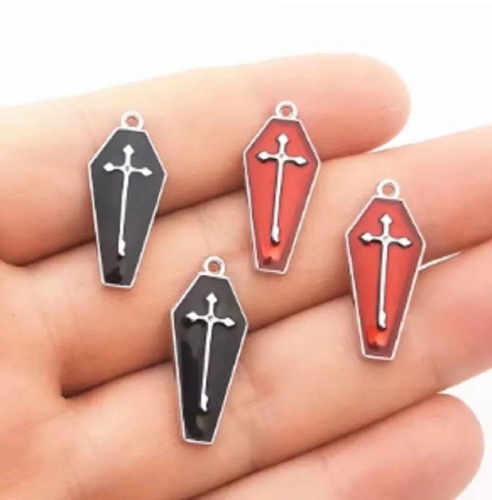 10Pcs/Lot 26*11.5mm Enamel Halloween Charms Vampire Cross Coffin Pendants for Necklace Keychain Diy Jewelry Making Accessories