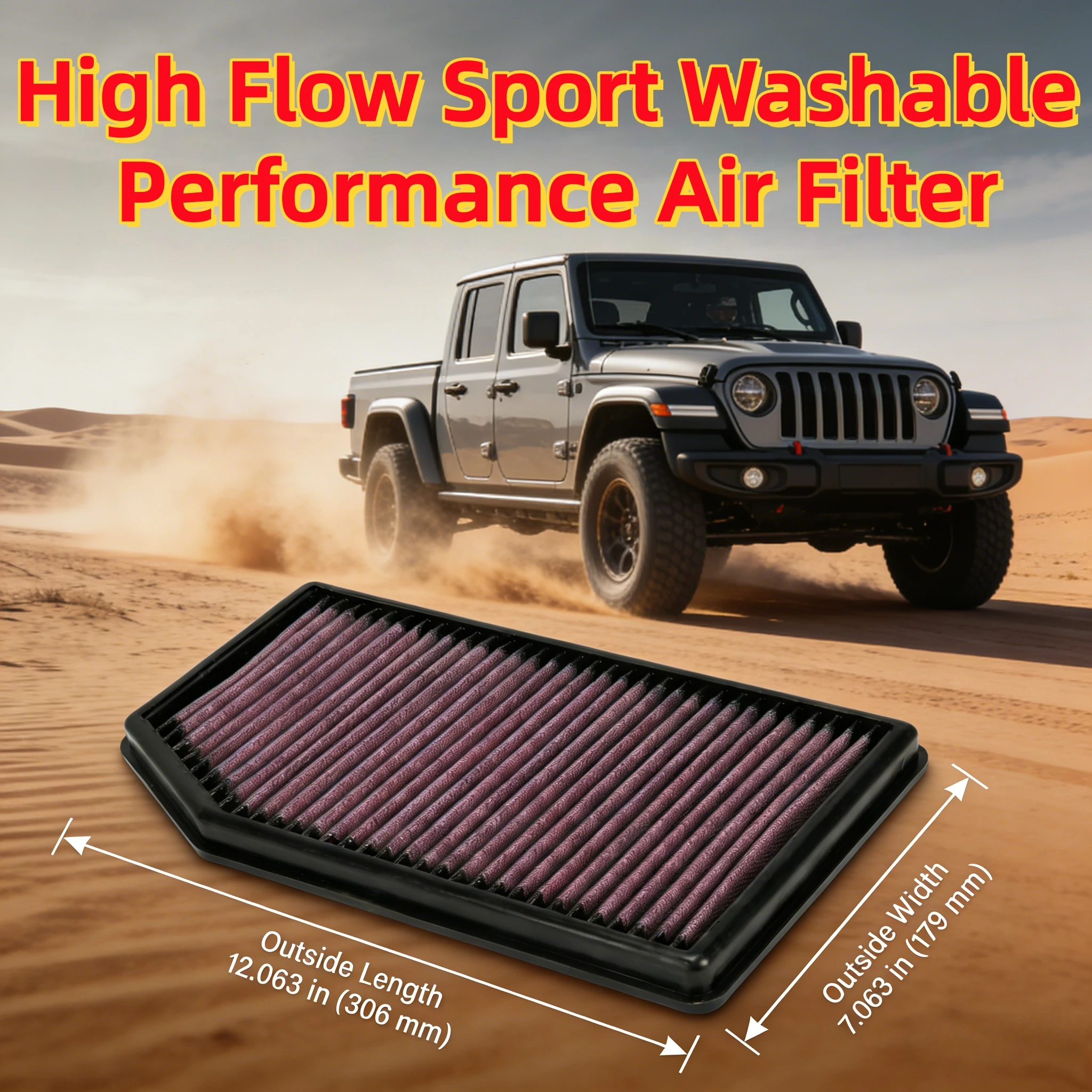 

For Jeep Wrangler Gladiator JL JT 2.0 2.2 3.6 Pentastar 2018- High Flow Sport Washable Performance Air Filter 33-5076 68257030AA