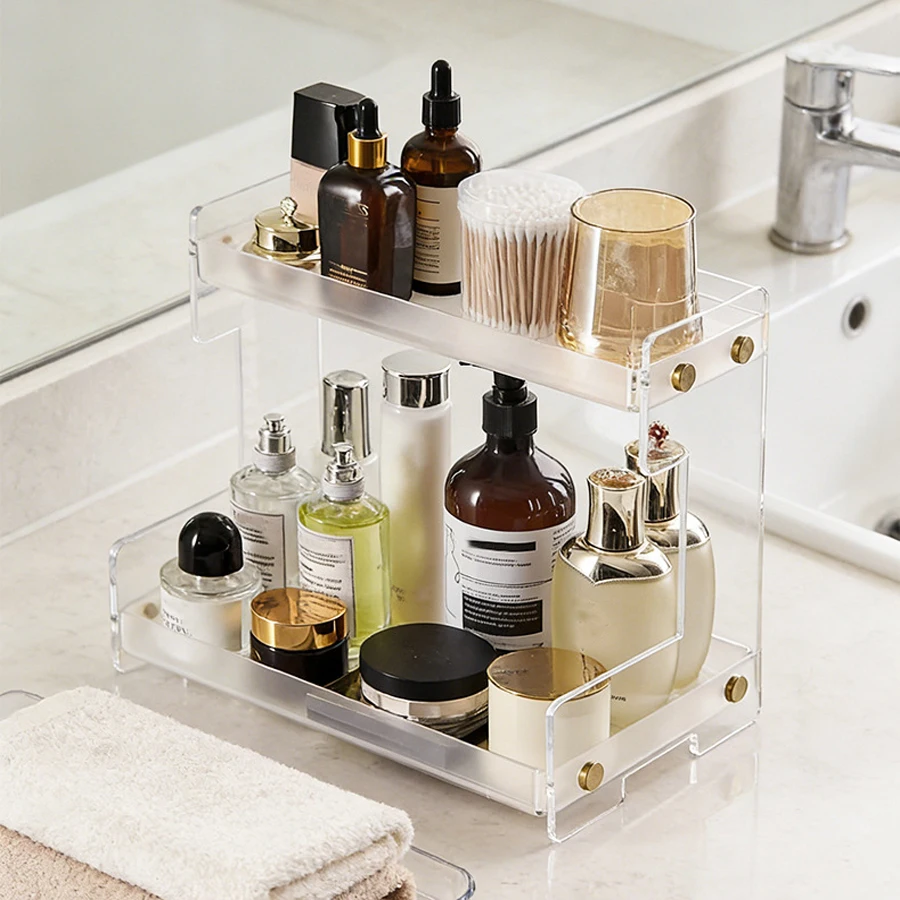 

2 Layer Desk Organizer Acrylic Bathroom Desktop Make Up Cosmetics Organizer Kitchen Storage Tray Clear Storage Rack Home Dresser