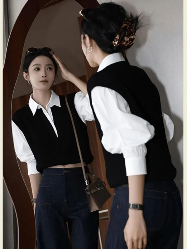 

Unique Autumn Women's Knitted Sweater Fake Two-Piece Patchwork High-End Sensation Beautiful Top Loose Fit Soft Fabric Long Sl...