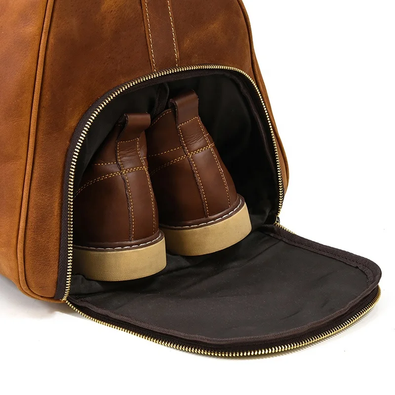 Men Leather Duffle Bag Large Crazy Horse Leather Travel Bag With Shoe Compartment