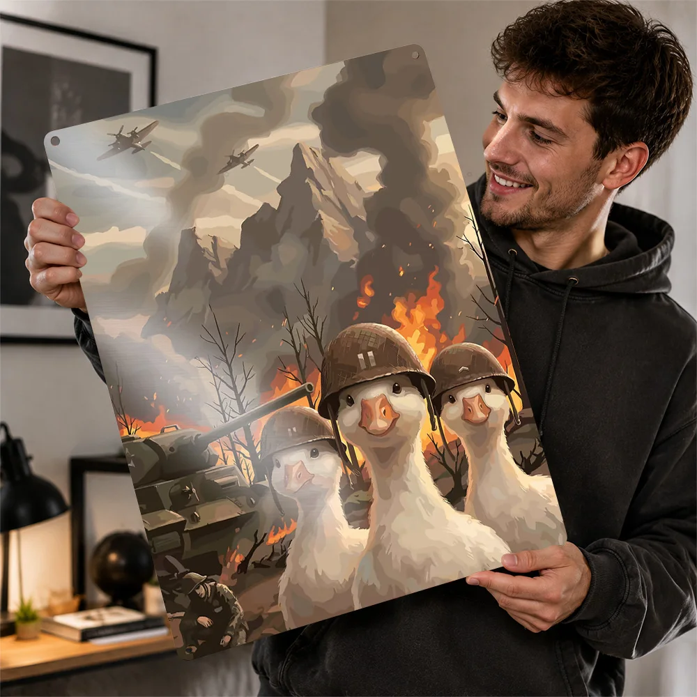 Ducks in Military Helmets on a Battlefield Personalized 3D Textured Metal Poster Wall Art Vintage Tin Signs for Home Decor Items