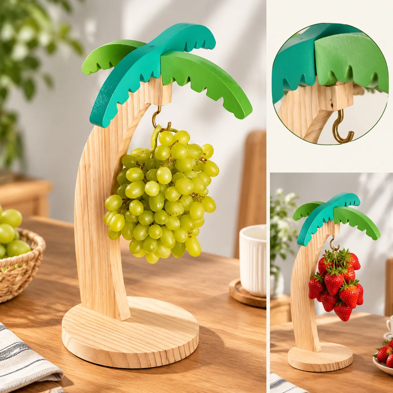 Wooden Coconut Tree Fruit Holder, Creative Palm Shape Hanging Grape Banana Stand, Home Tabletop Fruit Display Rack Decor