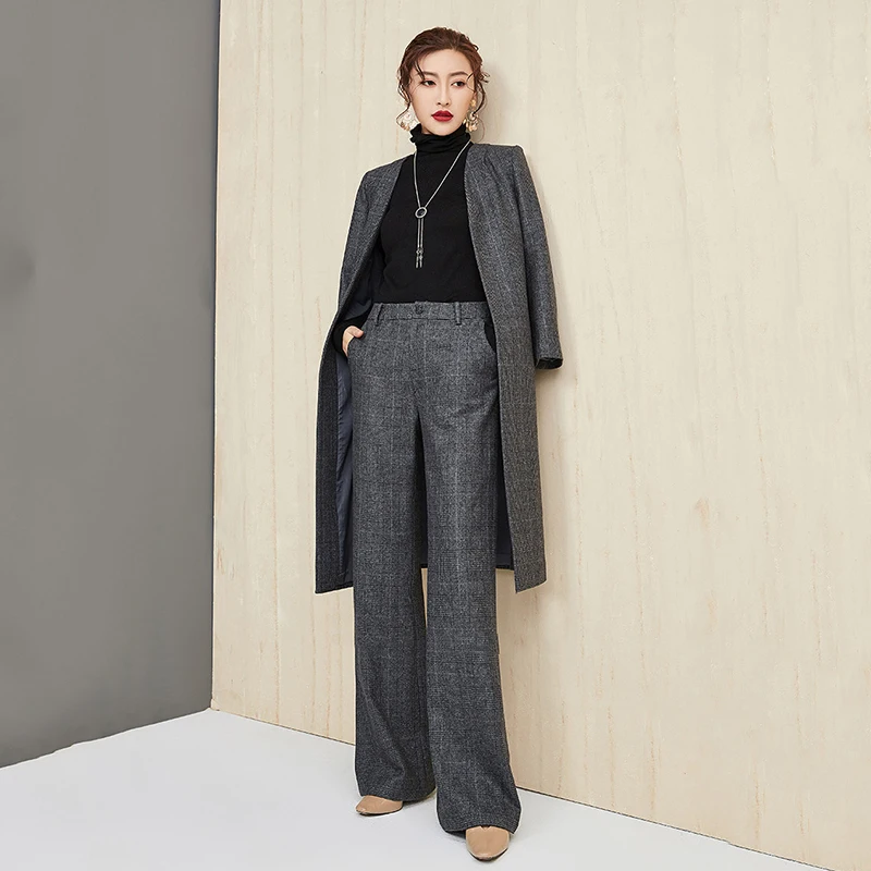 Spring Autumn Mid Length Woolen Blazer Suit Women Long Sleeves Jacket Coat+high Waist Slim Straight Pants Female Two Piece Set