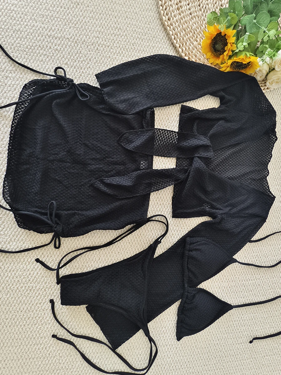 4 Pieces Halter String Bikinis 2025 Tops & Skirt Solid Swimwear Female Sexy Swimsuit Women Bathers Bathing Swimming Swim Suit