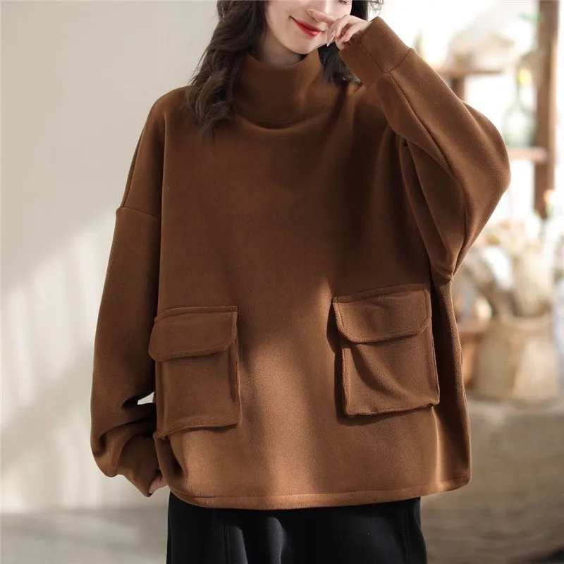 New Fashion Women Solid Color High Neck Hoodie Autumn Winter Thick Casual Wearing Outside Pullover Coat Warm Bottoming 2024