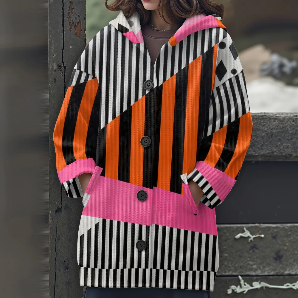 추상 기하학 캐주얼 여성용 스웨터 기하학적 줄무늬 긴팔 스웨터 불규칙한 라인 긴 스웨터