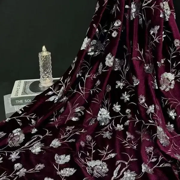 

High-quality velvet branch floral lace embroidered sequin fabric for DIY clothing, wedding dresses,designer gowns