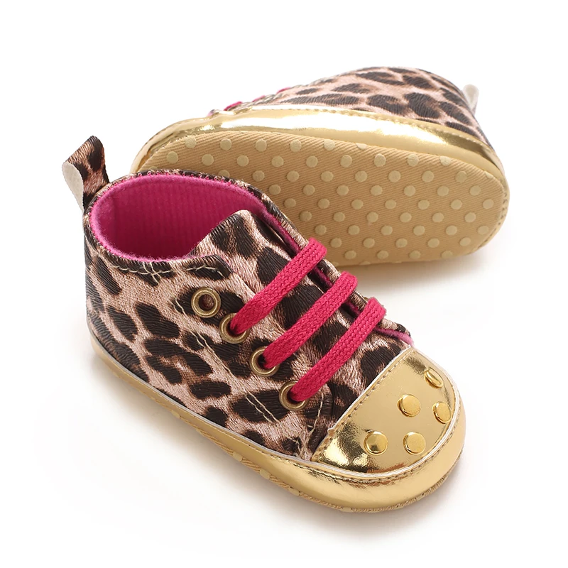 HAIZHIW Fashion Leopard Print 0-18M Baby Shoes With Printed Casual Lace Up Upper PU Sports Shoes Baby Shoes Walking Shoes