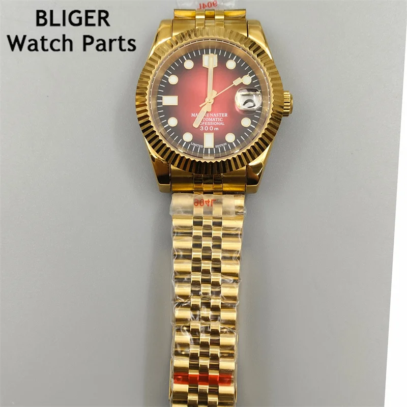 BLIGER Gold watch Bezel NH35A 36MM/39MM Automatic Men Watch Palm Dial red Index Sapphrie Crystal Jubilee Strap
